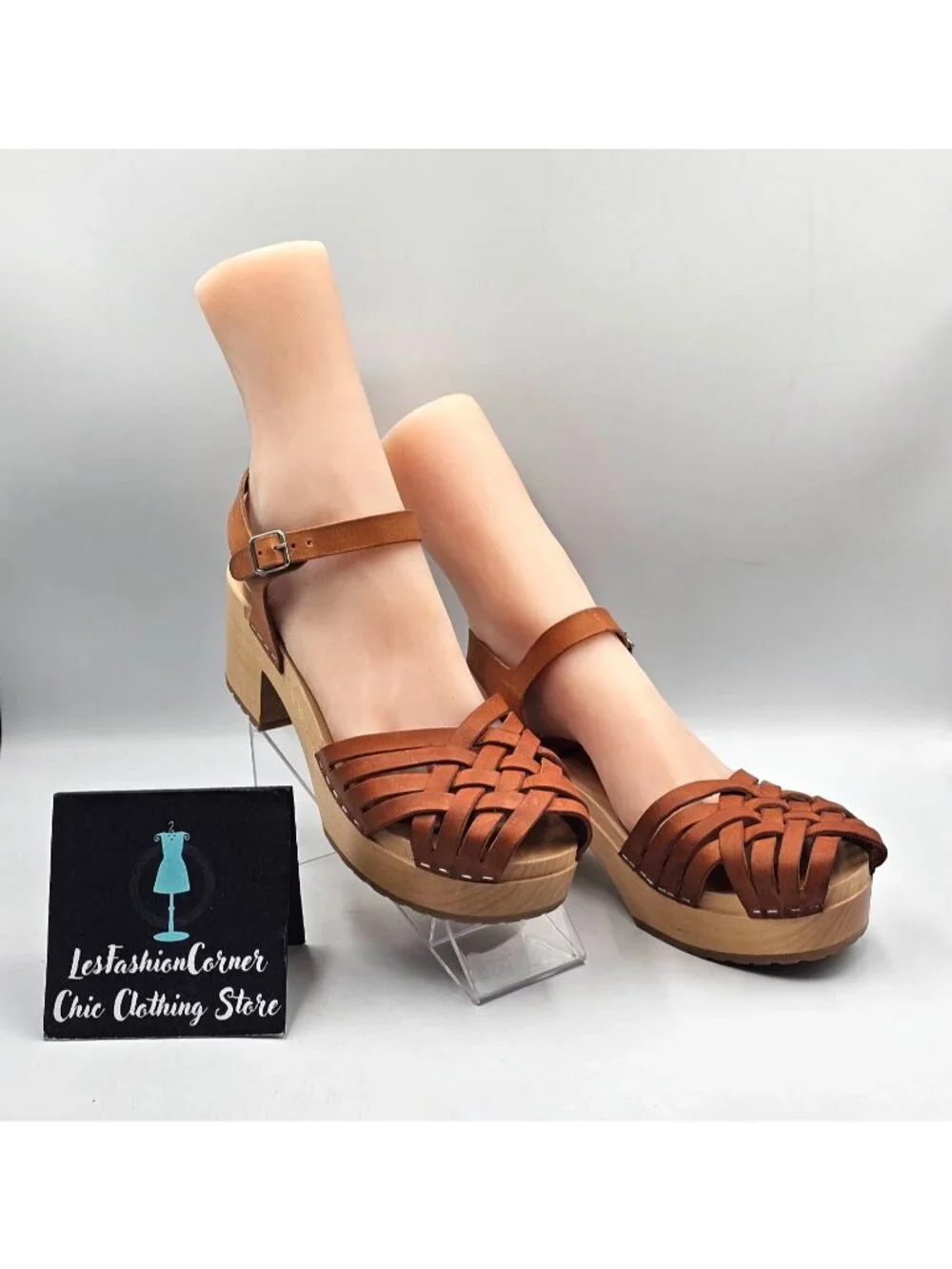Swedish Hasbeens Womens Braided Tan Leather Sky High Wooden Clogs Sz 9.5 3719 - Picture 10 of 16